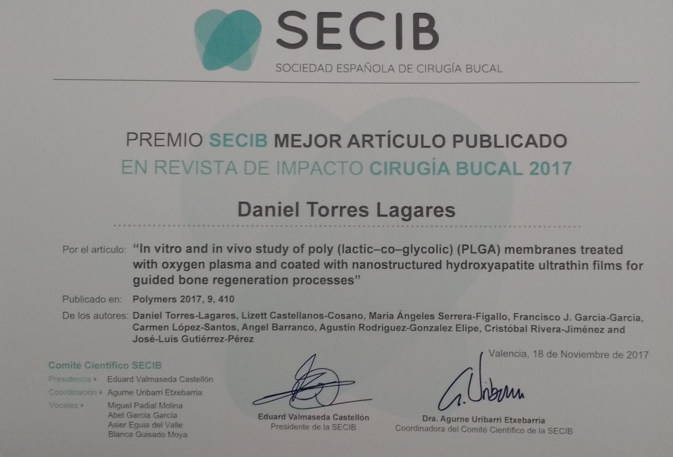 Lee más sobre el artículo Premio al mejor artículo de investigación sobre cirugía bucal en revistas de impacto extranjeras 2017